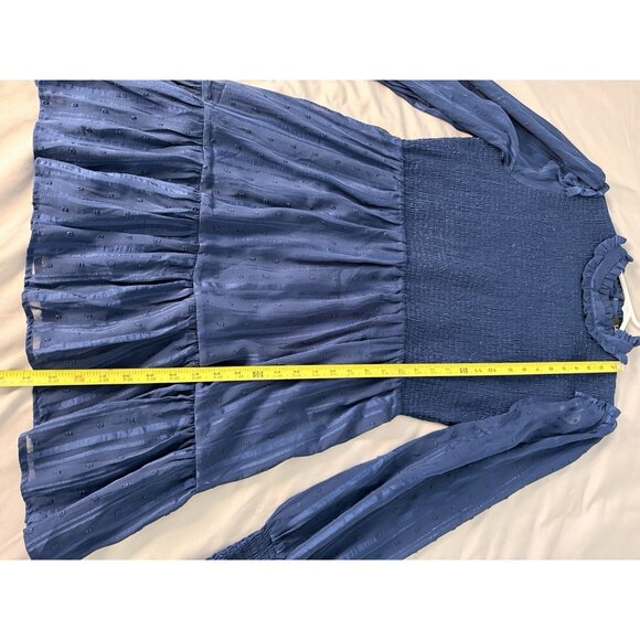 Lulus Blue Smocked Ruffle Long Sleeve Mini Dress XL Swiss Dot Sheer Sleeves - Picture 7 of 12